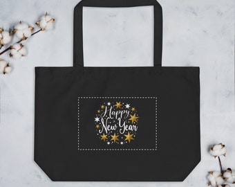 Large organic Happy New Year cotton tote bag