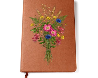Graphic Leather Journal, Floral Bouquet Print, Vegan Notebook, 200 Lined Pages