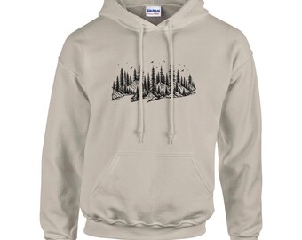 Wilderness Pine Tree Hoodie, Hand-Drawn Mountain Landscape Sweatshirt, Nature Lover Gift, Adventure Apparel, Outdoorsy Hiking Pullover