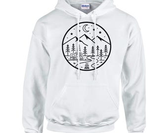 Unisex Forest Camper Hoodie, Mountain Nature Adventure Pullover