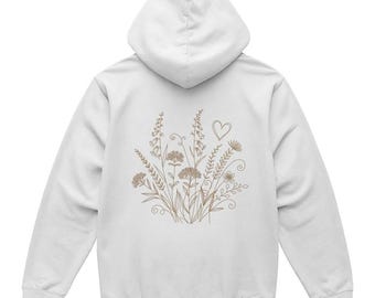 Floral Print Hoodie, Bella Canvas Pullover, Nature Lover Sweatshirt, Unisex Back Design