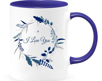 I Love You in Blue Wreath White Coffee Mug with Colored Inside and Handle
