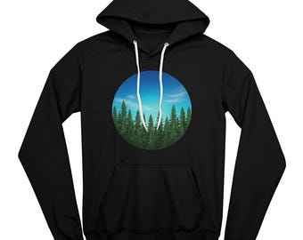 Unisex Forest Hoodie, Wilderness Graphic Pullover, Outdoor Adventure Fleece Sweatshirt