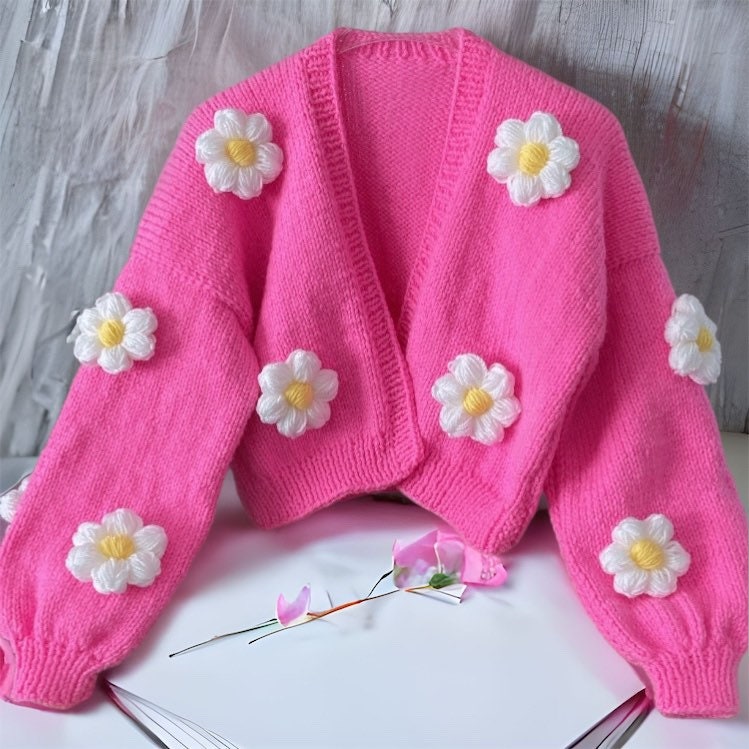 Pink Cardigan for Women, Pink Cardigan, Pink Cardigan Sweater, Pink Retro  Cardigan, Chunky Cropped Cardigan, Floral Cardigan, Daisy Cardigan - Etsy