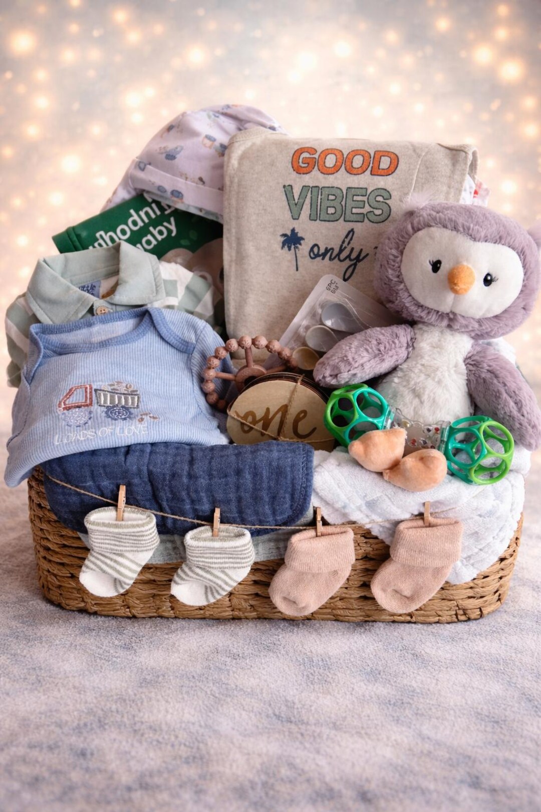 Gender Neutral Baby Gift Basket, Newborn Essentials, Plush Lovey ...