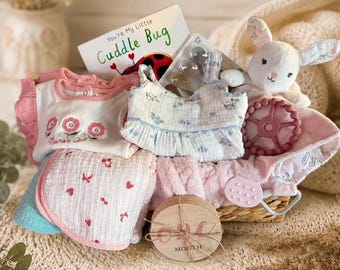 Genderneutrale babycadeaumand, essentials voor pasgeborenen, pluche Lovey, deken, mijlpaalmarkeringen