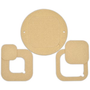 May include: Three beige wooden circles with cutouts in the shape of squares. The largest circle has a square cutout in the center. The two smaller circles have square cutouts on the edge.