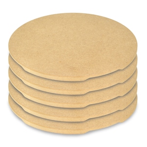 May include: A stack of five round, beige-colored pizza stones. The stones are made of a porous material and are designed to absorb heat for baking pizza.