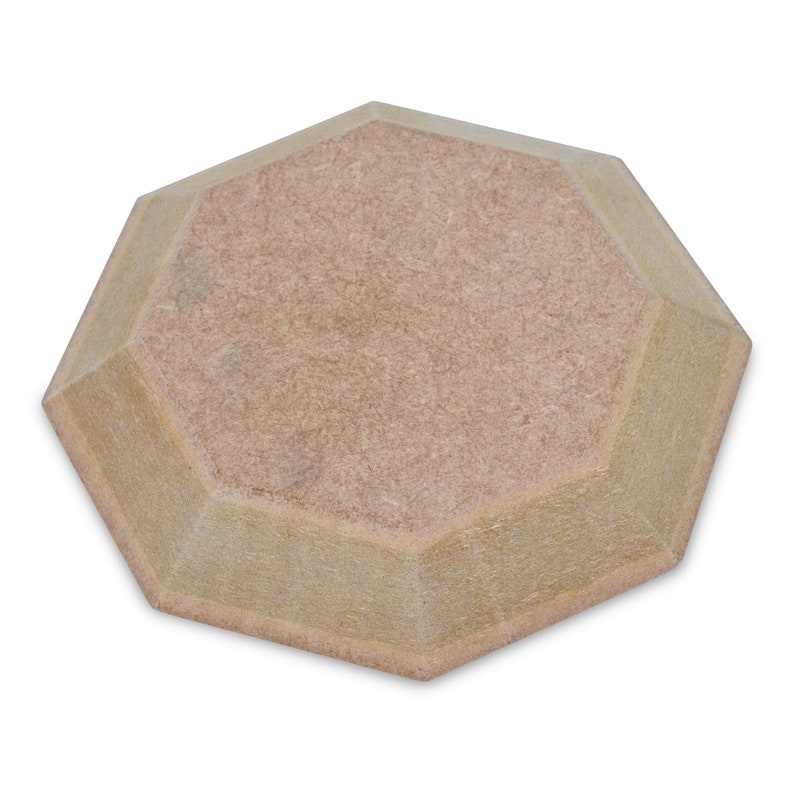 May include: A light brown wooden tray with an octagonal shape. The tray has a smooth, slightly textured surface.
