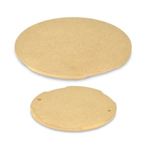 May include: Two round, beige-colored pizza stones. The larger stone is slightly larger than the smaller stone.