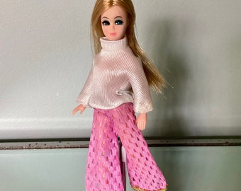 DAWN Doll Wearing Pink Mesh PARTY PANTS #8126, Beautiful Rooted Blonde Hair, Vintage 1970s