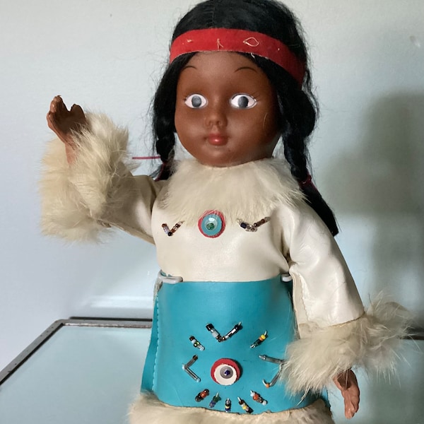 Native American Indian Girl Doll, Two Braids, Genuine Leather Dress with Beading &  White Fur Trim, Mocassin Shoes