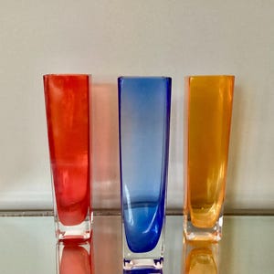 ART GLASS Square Vases in 3 Beautiful Colors - Cobalt Blue, Ruby Red, Orange Amber, Art Glass, Mid-Century Modern Style, Geometric Design