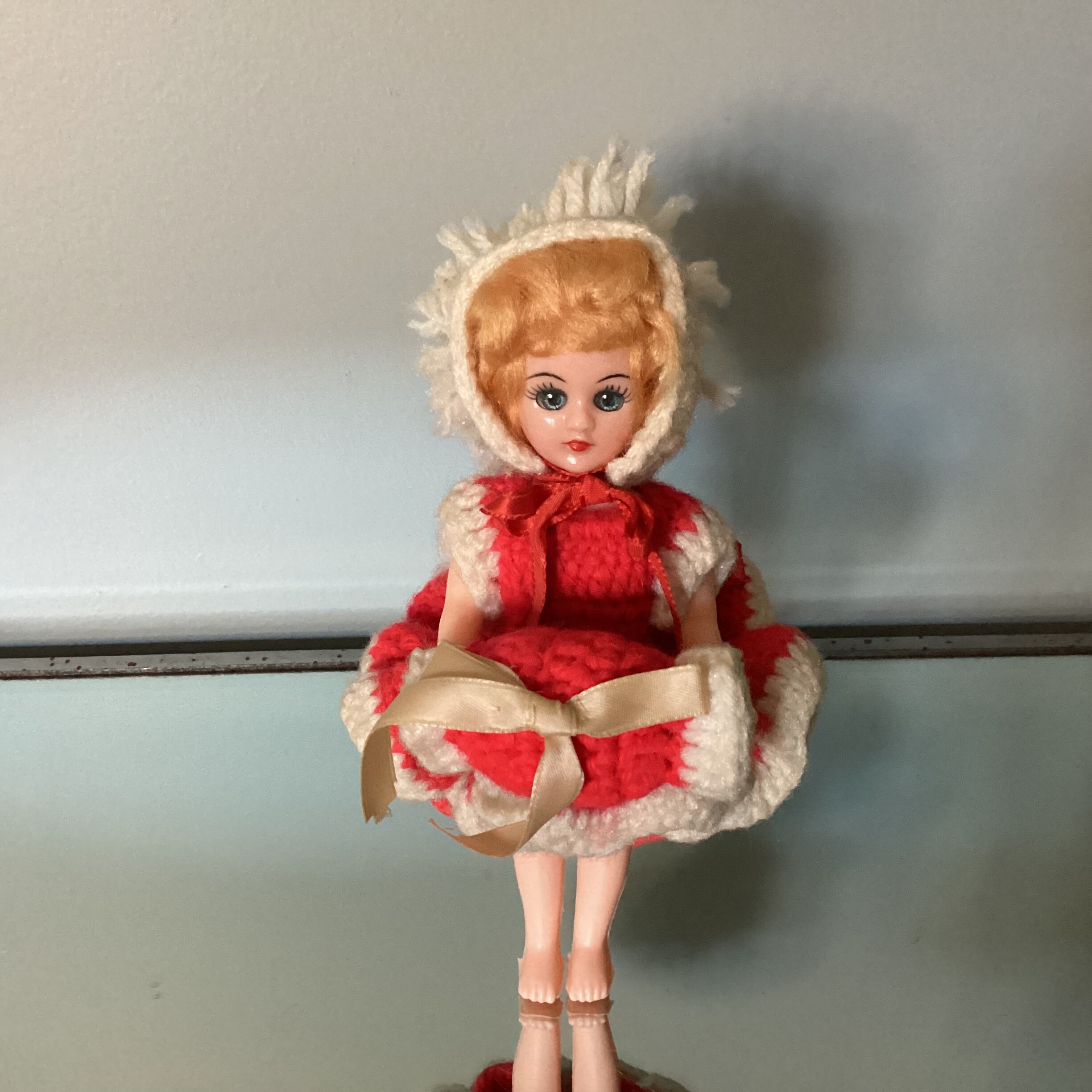 Sleepy Eyed Doll, Wearing Red and White Hand Crocheted Dress, Hat
