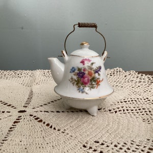 Miniature Teapot, White with Gold Accents & Floral design, brass handle, Japan, Vintage 1950s