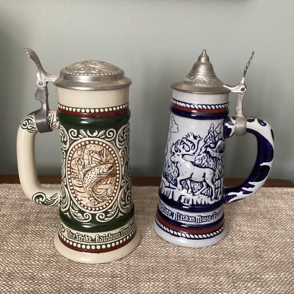 Avon LIDDED Beer Steins, 2 to CHOOSE FROM, Rocky Mountains, or English Setter & Trout Design, Beer Mugs, Avon Collectible, Vintage 1970s