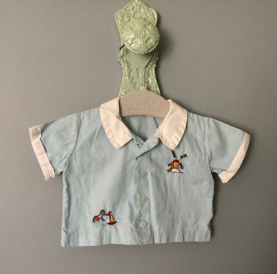 Baby Boy Blue Short Sleeve Shirt with Collar, Emb… - image 1