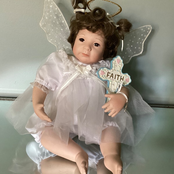 Ashton Drake Porcelain Doll, Original Box, Certificate of Authenticity #I 5973 A, “I Wish You Faith” Angel Doll, Christening Doll