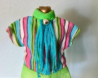 Dawn Doll LIME Green Mini with Long Blue FRINGES! and Bright Striped Bodice, Dancing Dawn Dress, Topper, Vintage 1970s