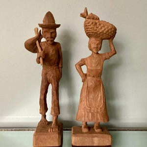 Wooden HAND-CARVED Man and Woman, FOLK Art Sculpture, World Traveler, Hand Made,  Artist Signature, Primitive and Beautiful!