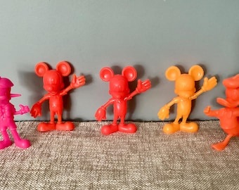 MARX Disney Toy Figures, Mickey Mouse, Donald Duck, Pinocchio, HOT NEON Colors!, 6 Inches, Louis Marx, Walt Disney, Vintage 1971
