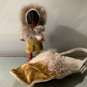 Eskimo Doll in Rabbit Fur Outfit, In a Soft Leather and Rabbit Fur Slipper Case, Purse Case, Sleepy Eyes, Vintage 1960s or 1970s
