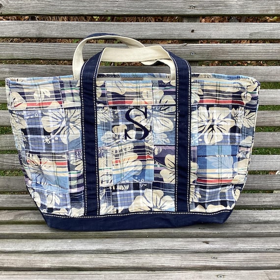 LL Bean Tote Madras PLAID Blue HAWAIIAN Floral Rare Open Top Medium Size L.L. Bean Canvas Tote Shopping Tote Beach Bag Etsy