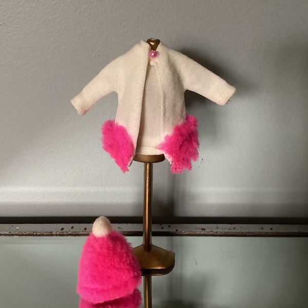 Dawn Doll FURRY FLOUNCE Outfit - 3 Piece Set, White & HOT Pink Faux Fur Trimmed Coat, White Mini, and Pink Fur Hat with White Pom Top, 1970s