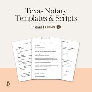 May include: A digital download graphic with the text "Texas Notary Templates & Scripts" and "Instant Download." The image shows three white paper templates with text, including a Texas Jurat Certificate and Texas Notary Acknowledgment Form.