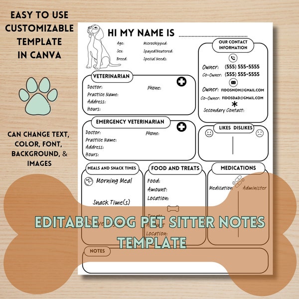 Pet Sitter Notes| Pet Sitter Instructions| Editable Template| Pet Sitting Form| Dog Organizer