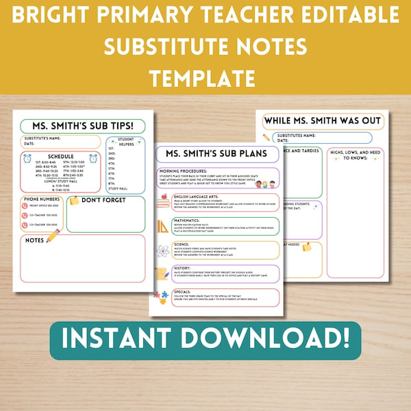 Bright Primary Teacher Editable Substitute Notes Template | Sub Notes Printable | Substitute Teacher Resource | Class Information Template
