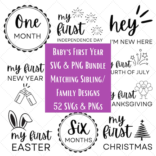 Paquete de archivos de corte SVG del primer año del bebé / Bebé recién nacido SVG, PNG / Paquete de primeras vacaciones del bebé / Diseños familiares a juego