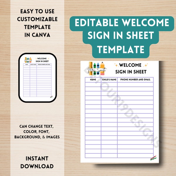 Welcome Sign In Sheet Editable Template | Back to School Night | Teacher Info| Resource Document | Customizable Open House Template