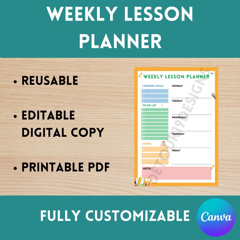 Weekly Lesson Plan Template Editable Printable Homeschool Etsy