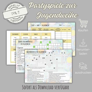 Jugendweihe Spiele zum Ausdrucken – 4 lustige Partyspiele | Stadt Land Jugendweihe, Begriffe erklären, Kreuzworträtsel | Spiele Jugendweihe