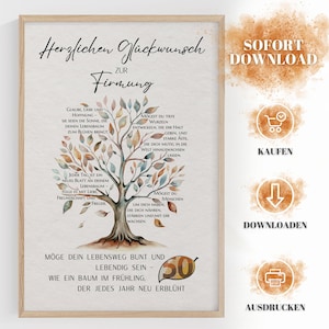 May include: A framed print with German text and a watercolor tree illustration. The artwork features phrases about faith, love, and hope, with a design of a tree with colorful leaves. The print also includes the words "SOFORT DOWNLOAD" and icons for buying, downloading, and printing.