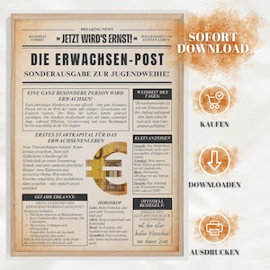 Geldgeschenk Jugendweihe, Poster | Geldgeschenk zum Ausdrucken | Sofort-Download PDF & JPG Jugendweihe Geldgeschenk | Poster als Zeitung