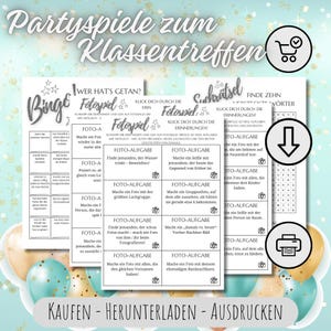 Peut inclure: Ensemble de jeux de société imprimables pour une réunion de classe, comprenant un bingo, des défis photo et une recherche de mots. Les jeux sont conçus avec un code couleur bleu clair et blanc, avec des ballons décoratifs en arrière-plan.