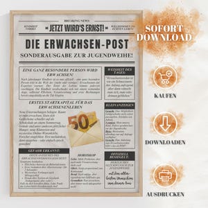 Geldgeschenk Jugendweihe, Poster | Geldgeschenk zum Ausdrucken | Sofort-Download PDF & JPG Jugendweihe Geldgeschenk | Poster als Zeitung