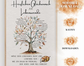 Geldgeschenk Lebenswende, PDF/JPG zum Download, Lebensbaum Poster zum Ausdrucken | Geschenk digital | Segenswünsche christlich, Lebenswende
