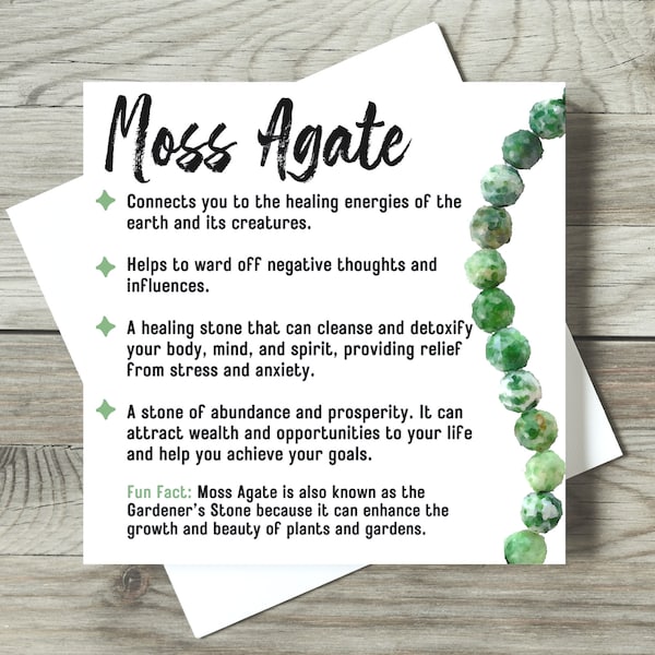 Watercolor Moss Agate Meaning Card for Makers, Gemstone Meaning Card, Crystal Meaning Card, Watercolor Gemstone Cards