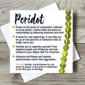 Carte de signification de pierres précieuses de péridot aquarelle pour les fabricants, carte de signification de cristal, cartes de pierres précieuses d'aquarelle