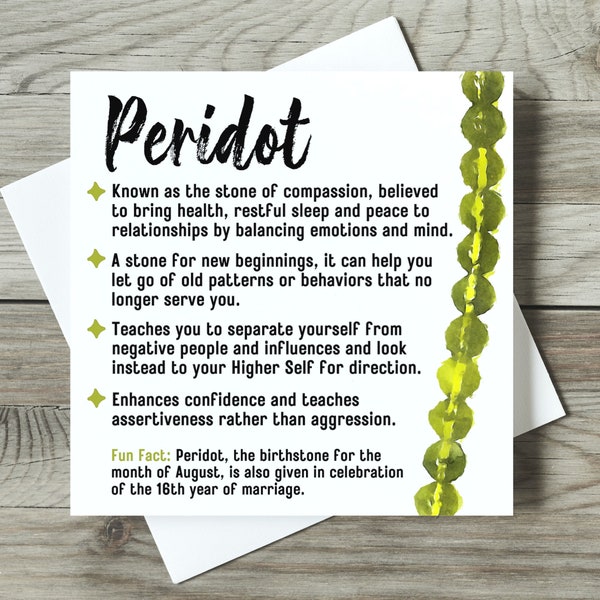 Watercolor Peridot Gemstone Meaning Card for Makers, Crystal Meaning Card, Watercolor Gemstone Cards