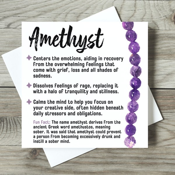 Watercolor Amethyst Meaning Card for Makers, Gemstone Meaning Card, Crystal Meaning Card, Watercolor Gemstone Cards