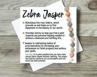 Watercolor Pink Zebra Jasper Meaning Card for Makers, Gemstone