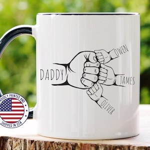 Dad Fist Bump Kids Names Mug, Father&#39;s Day Gift for Daddy, Personalized Coffee Mug for Dad, Custom Name Mug for Father, Dad Gift Idea