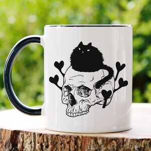 Coffee Mug Black Cat Art Skull Birthday Gifts Funny Cute Weird Tea Ceramic Gothic Witchy Goth Halloween Mugs