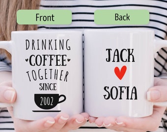 20th Anniversary Gift for Husband or Wife, 20 Year Personalized Wedding Anniversary Mug for Parents, Drinking Coffee Together Since 2002 Cup