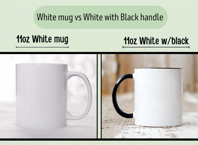 Op de afbeelding: Twee witte keramische mokken van 11 ounce. De ene mok heeft een witte handgreep, de andere een zwarte handgreep.