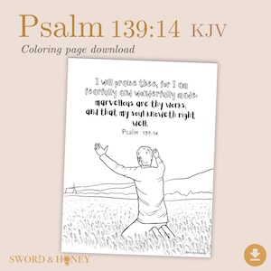 Kleurplaat bijbelvers, Psalm 139:14, KJV, afdrukbare christelijke kinderactiviteit, geheugenwerk, heiligheid van het leven, lof, zondagsschool